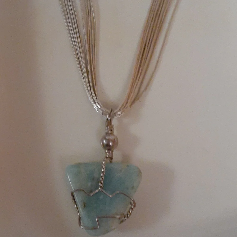 southwest style liquid silver strand necklace with a turquoise pendant - Picture 2 of 5